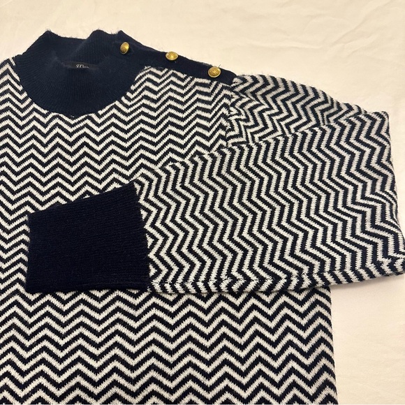 J. Crew | navy/white chevron mock neck sweater with gold button detail - Picture 12 of 12